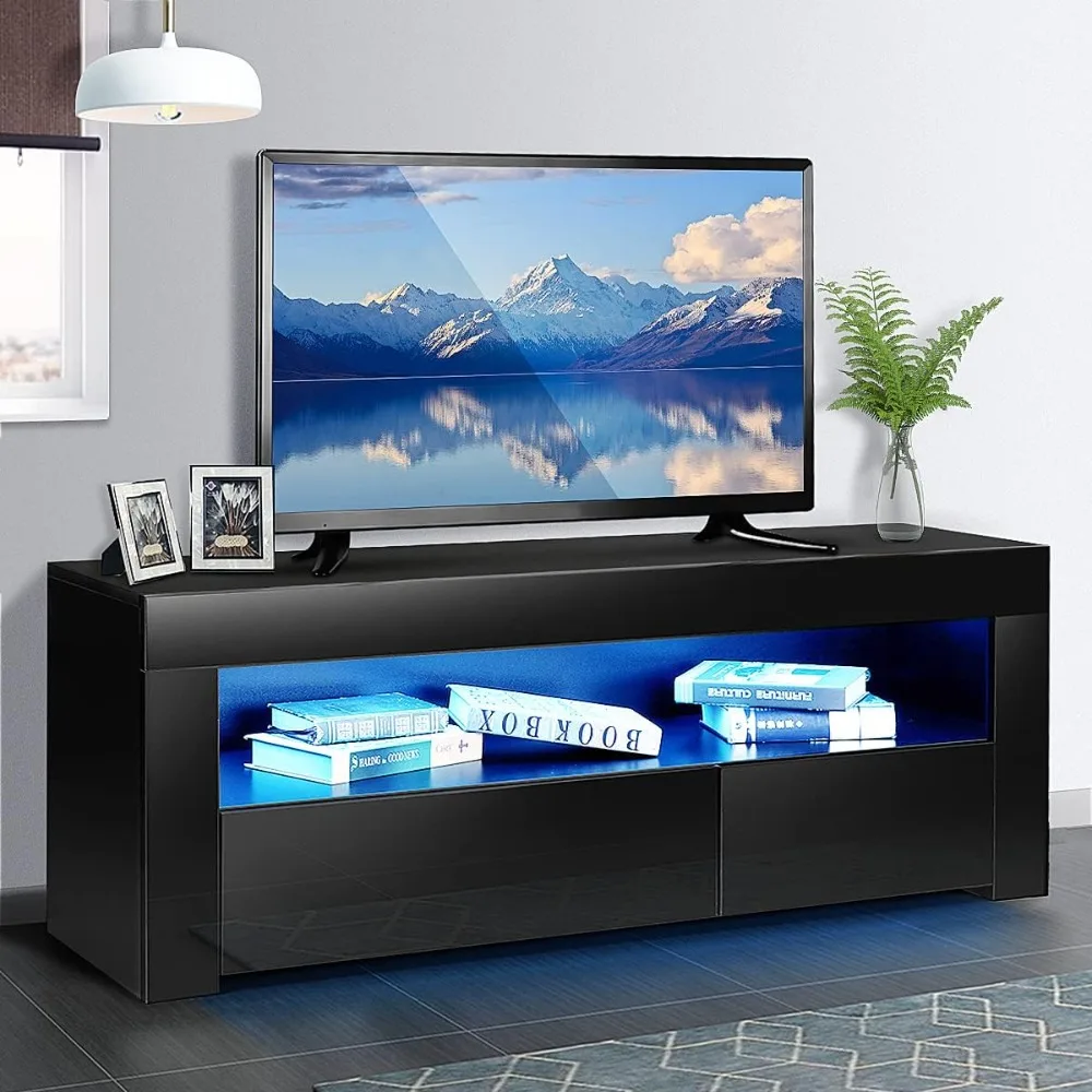 

TV Stand for 55 inch TVs Modern Black Entertainment Center Media Console with led Lights High Glossy TV Console Table