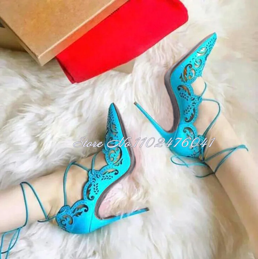 

Women Turquoise Pink Patent Leather Carved Flowers Wedding Shoes Floral Hollow Out Lace-up 12cm Party Shoes Thin High Heels