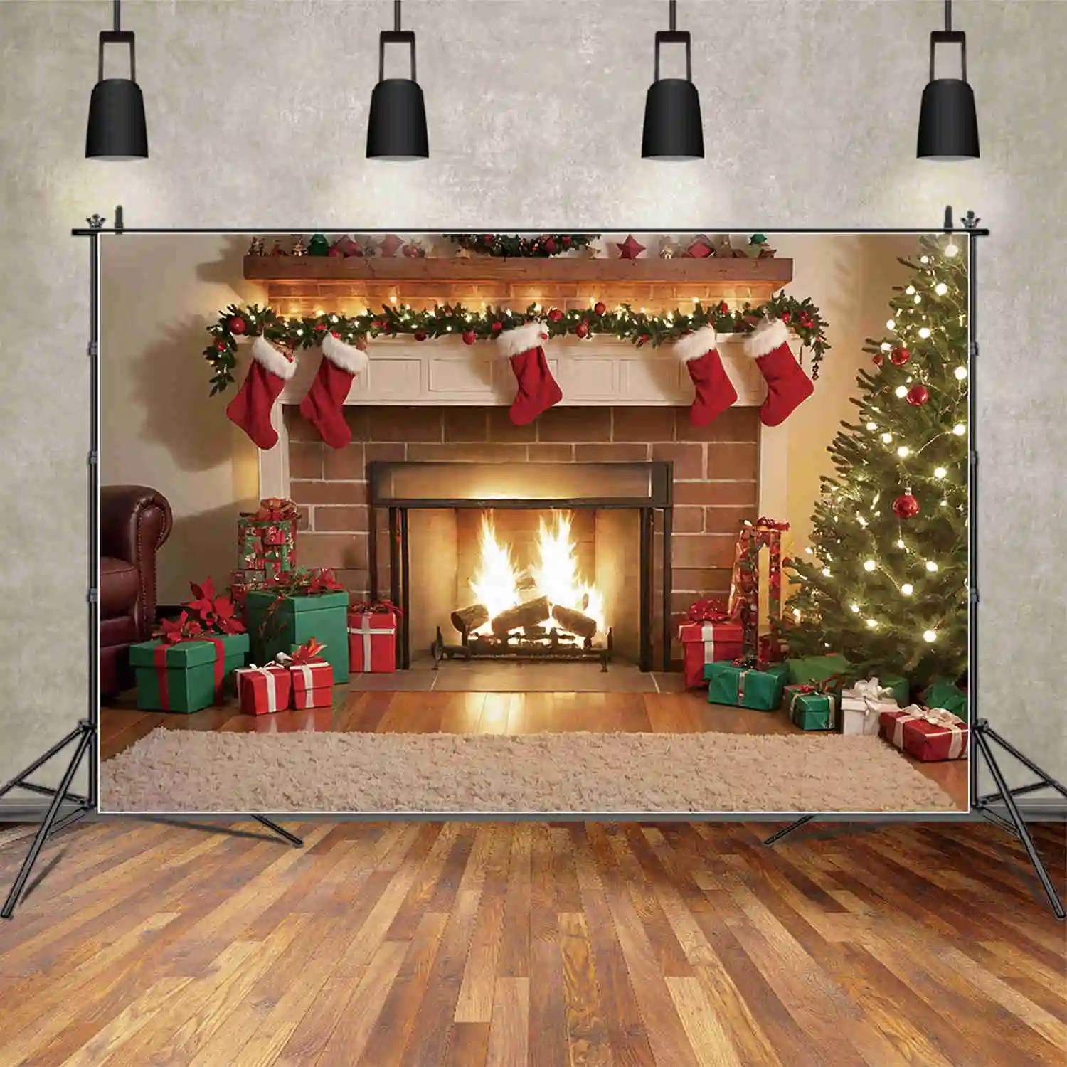 MOON.QG Christmas Brick Fireplace Christmas Trees Backdrop Ornamented Tree Gift Stove Frame Backgrounds Party Photozone Props