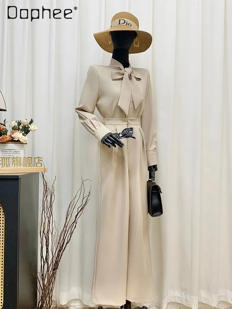 

Fashion Striped Bow Tie Long Sleeve Shirt High Waist Slim Wide-leg Pants Commuter Temperament Two-piece Set Women's Spring New