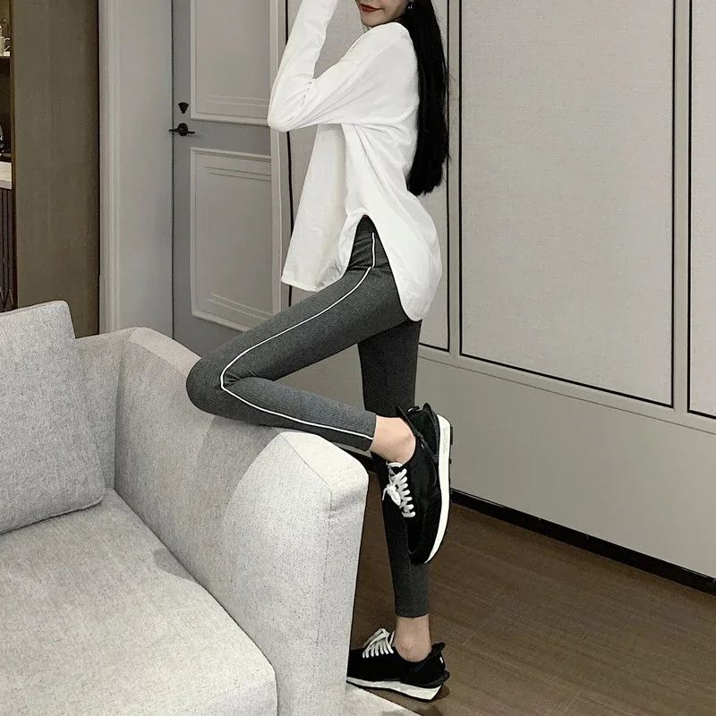 여성용 레깅스 발목 길이 패치워크 신축성 니트 레저 트렌디 시크 두꺼운 스키니 러닝 하이웨이스트