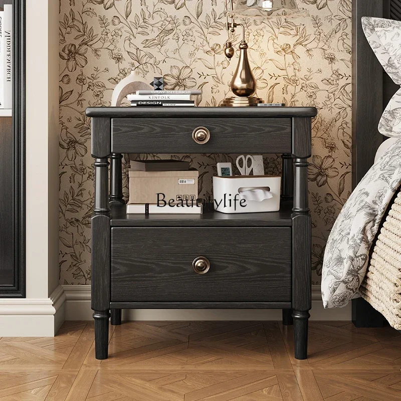 

02Retro bedside table all solid wood home bedroom in antique ash wood