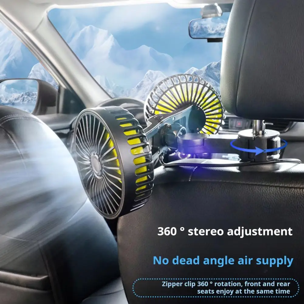 Compact Design Car Fan 360-degree Rotatable Car Fan with Dual Head Speed Adjustment for Rear Seat Low Noise Air for Long