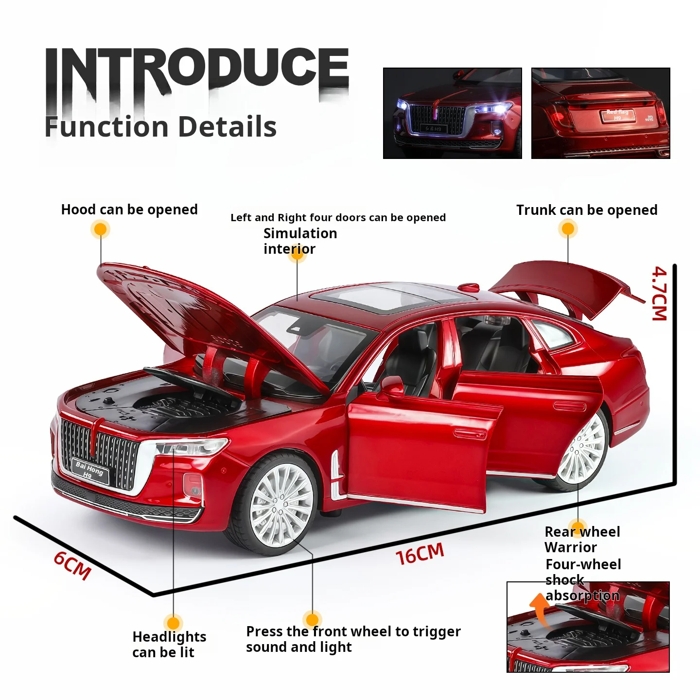 공식 인증 1:32 홍치 H9, 중국산 프리미엄 모델 장난감 자동차, 라이트 & 사운드, 후진 기능 장난감 자동차, 남자아이 선물, 수집품