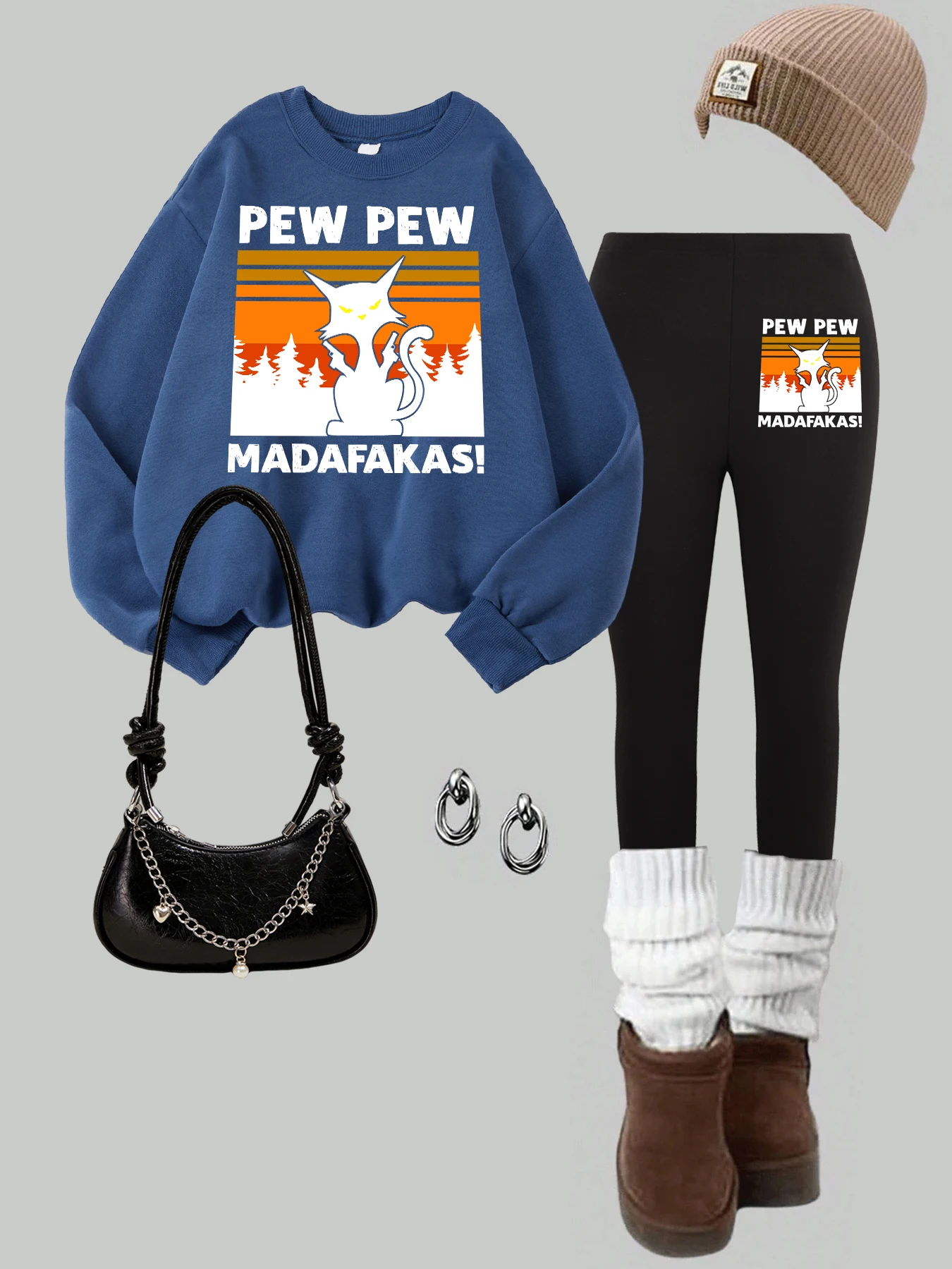Pew Pew Madafakas 猫プリントプルオーバー女性 Y2K O ネックスウェットシャツセット秋厚みのあるレギンス快適なマルチカラーパンツ