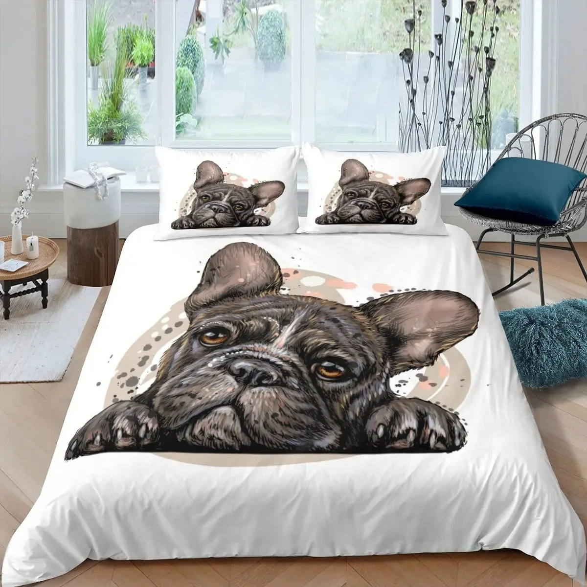 Bulldog Duvet Cover French Bulldogs Bedding Set Twin Polyester Chocolate Puppy Pet Doggy Animal Quilt Cover for Dog Lover Gifts