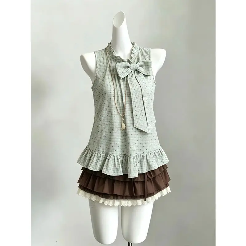 Japanese Vintage sweeti 2-Piece Set Women Bow Ruffle Plaid Crop Top + Lace Trim Layered Mini Skirt Summer New Casual Outfits view 3