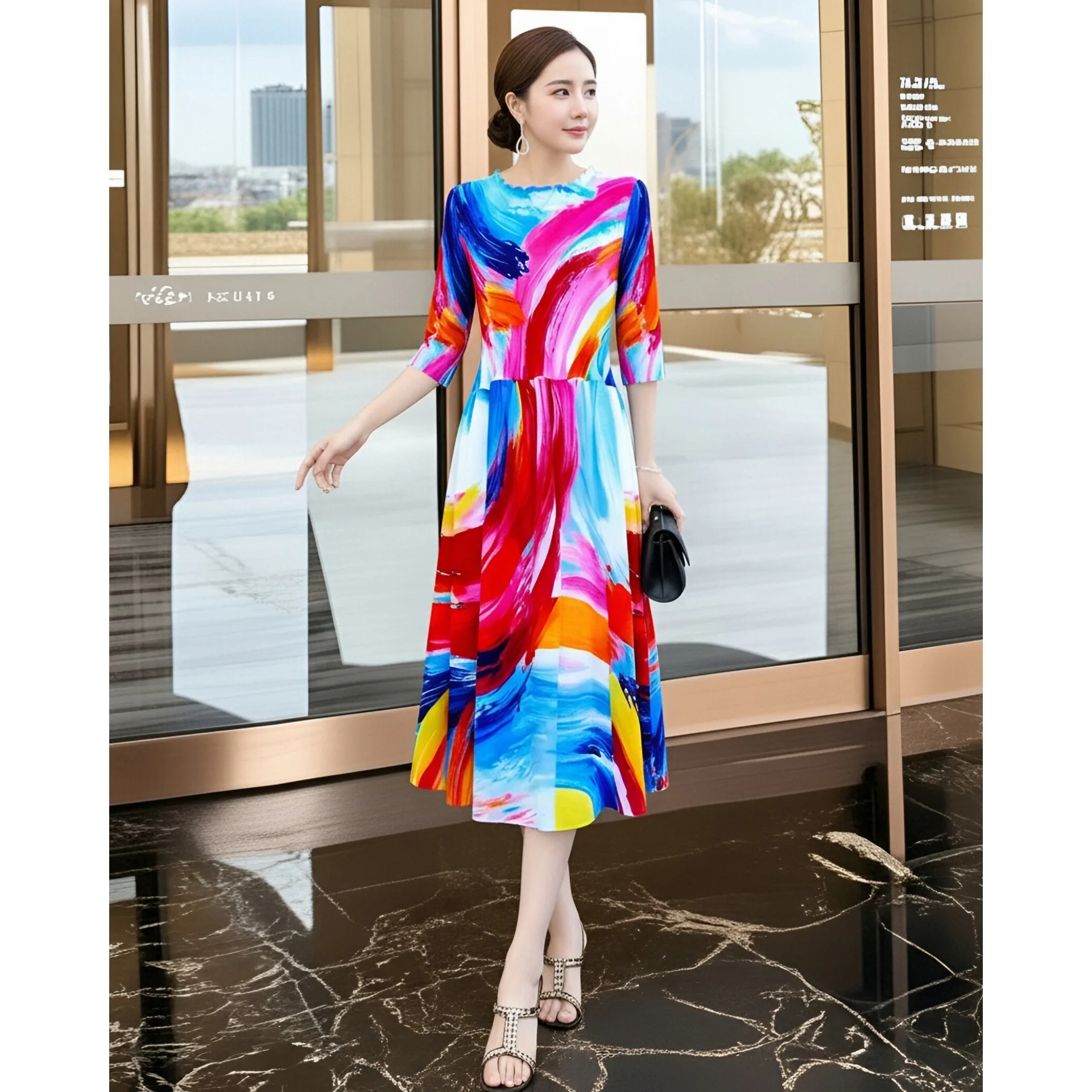 

Miyake pleated smudged print dress fashionable design mid-length skirt high-end temperament women's spring new style