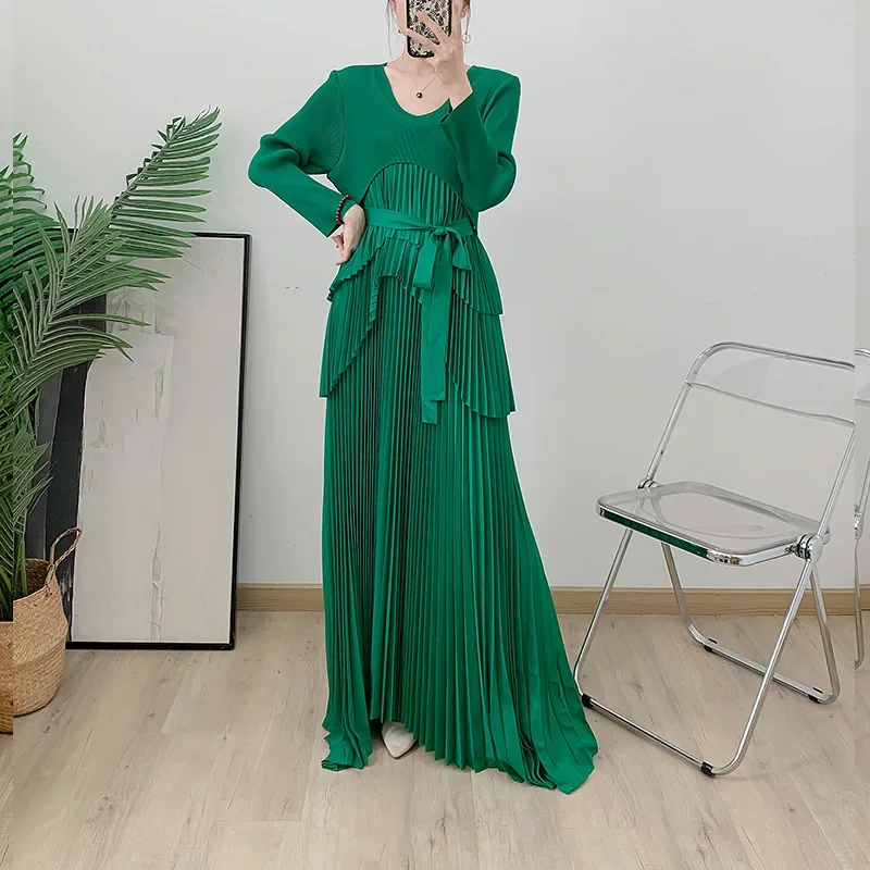 

Pleats Pleated Dresses Prom Evening Dresses Long Sleeve Solid Color Fashion Elegant Loose Long Dresses 2024 Fall New Clothing