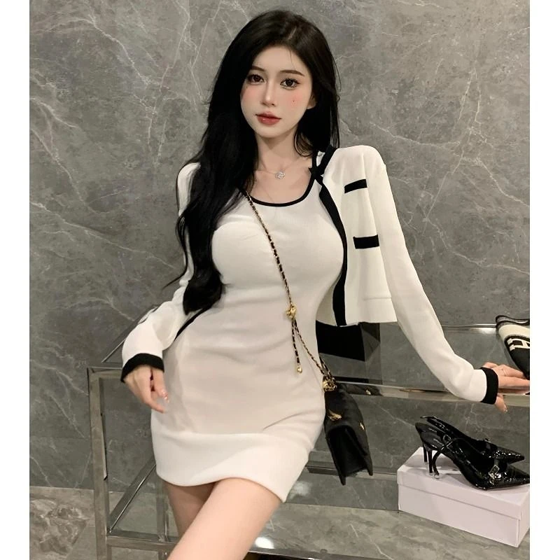 Mini Wrap Hip Spaghetti Strap Black Vest Dress Knitted Two Piece Sets White Cropped Cardigan Jacket Casual Spring New