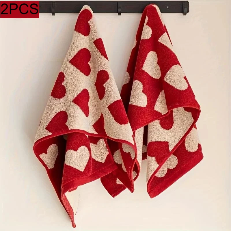 2PCS/Set Heart Cotton Towel Red Soft Face Bath Towels Absorbent Shower Towel For Bathroom Adults Couple Wedding  Gift〔CC33〕