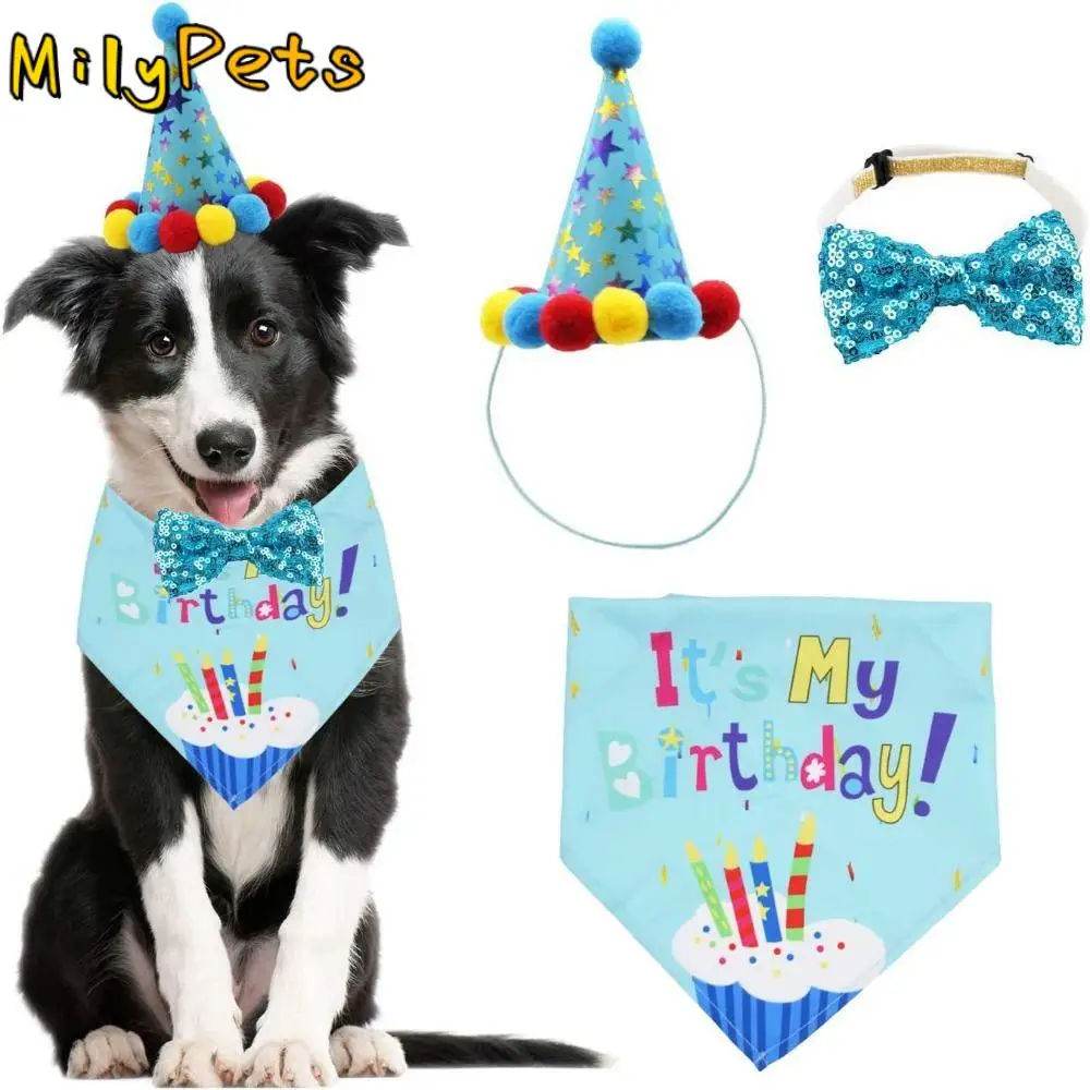 3Pcs/Set Cartoon Pet Birthday Party Costume Lovely Handmade Pet Bow Bandanas Triangle Bib Adjustable Cat Birthday Hat
