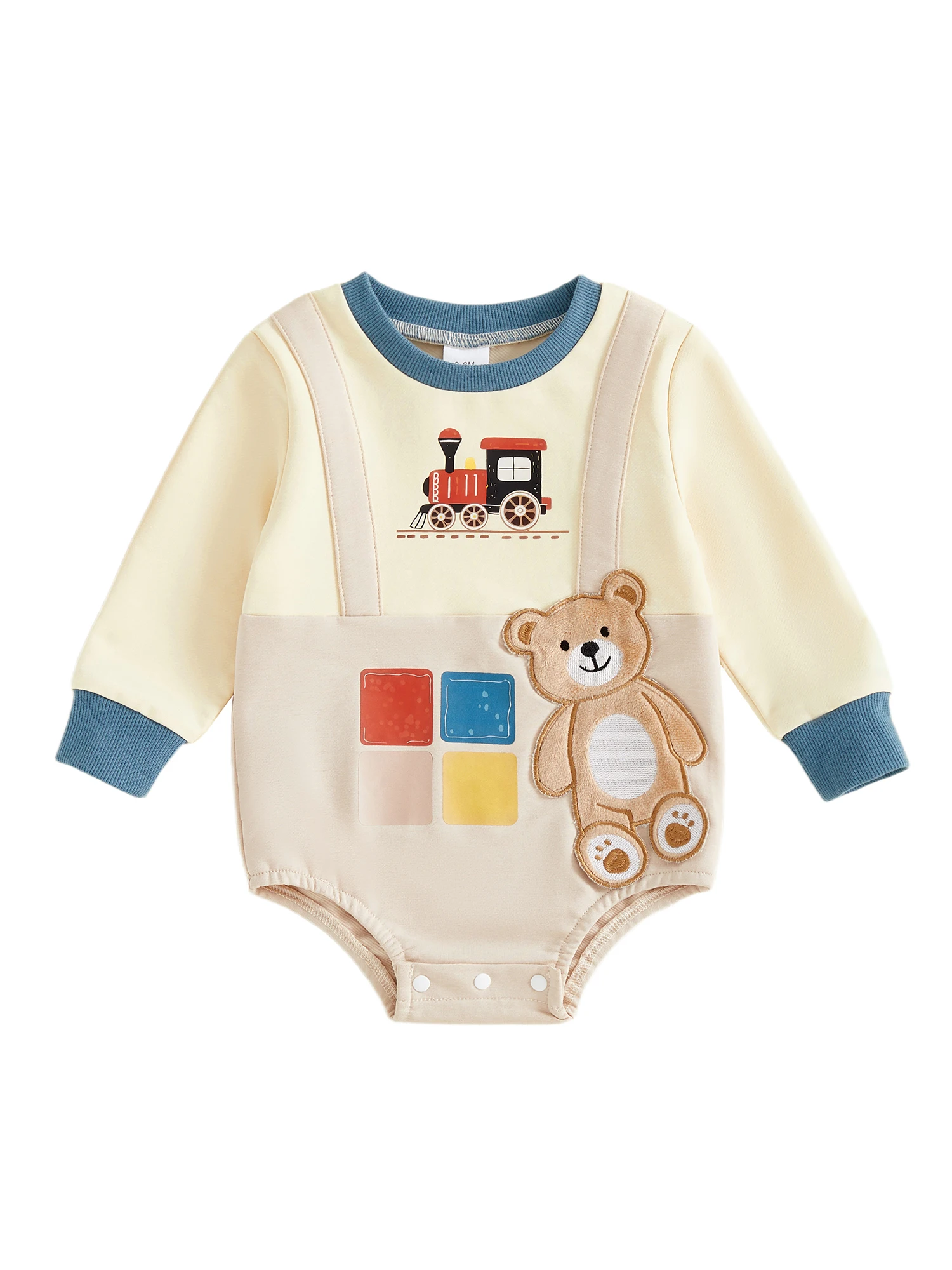 

Toddler Boy Dinosaur Print Long Sleeve Romper Crew Neck Bear Embroidery Patchwork Jumpsuit Cute Fall Outfit