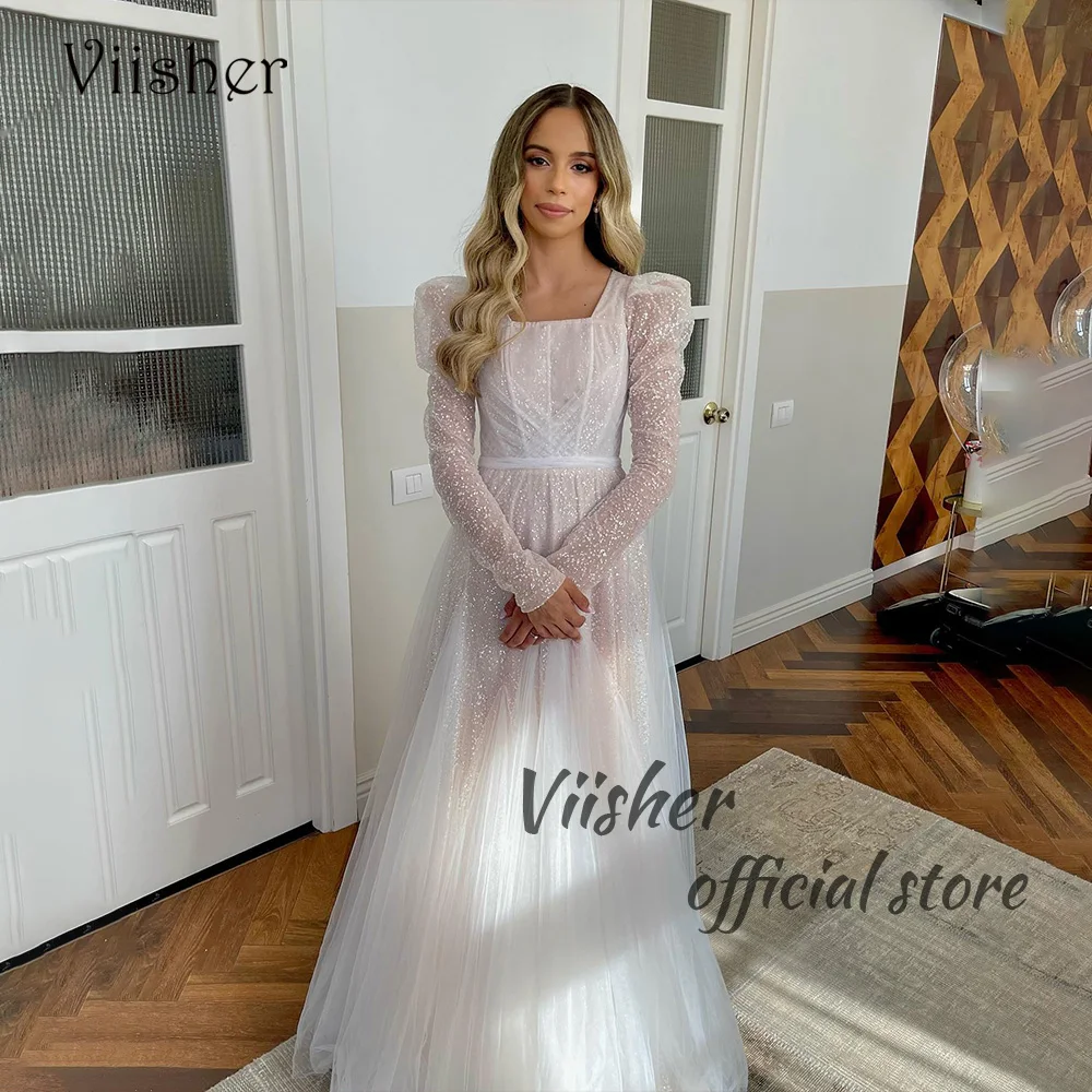 Viisher Sparkling Tulle A Line abiti da sposa manica lunga collo quadrato elegante abito da sposa semplici abiti da sposa civili 2023