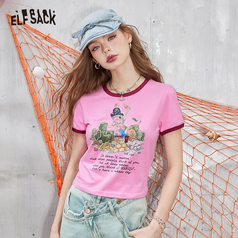 

ELFSACK 2024 Summer New Arrivals White slim fit short sleeved t-shirt for women's BM casual versatile design top