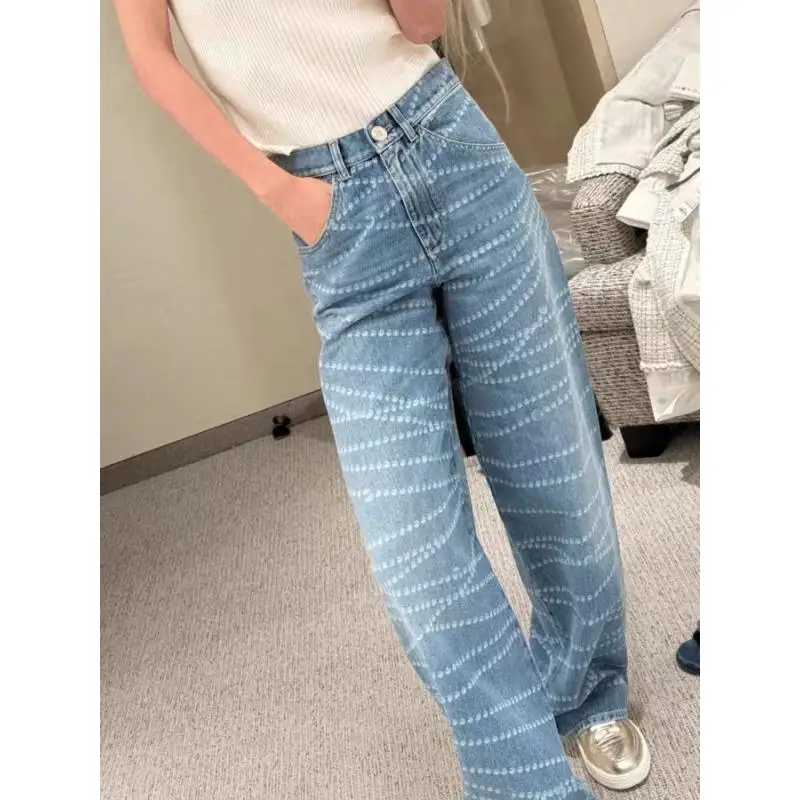 

25 Early Spring New Laser Chain Printing All-match Casual High Waist Wide Leg Pants Jeans
