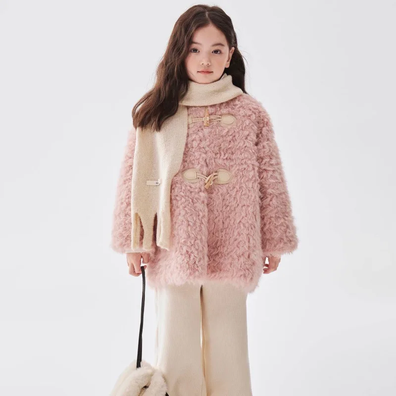 Girls Coat 2023 Winter New Mid To Large Children Western-style Plush Coat with Added Plush and Thickened Autumn and Winter Coat