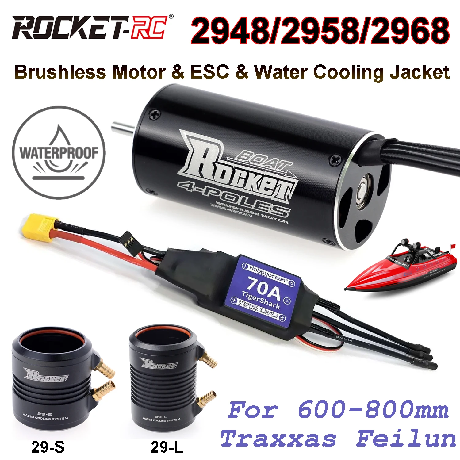 

ROCKET-RC 2948/2958/2968 Brushless Motor 29-S/29-L Water Cooling Jacket 70A ESC Combo for RC Boat 600-800mm Traxxas Feilun FT011