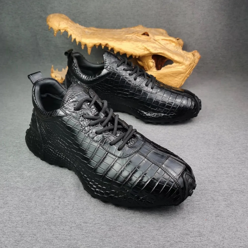 2026 new real crocodile leather casual men's shoes authentic crocodile leather fashion men's black lace-laced sneakers