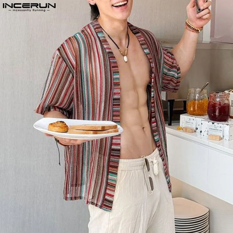 

INCERUN Men Shirt Hollow Out Short Sleeve Open Stitch Male Cardigan Streetwear 2025 Striped See Through Fashion Men Clothing