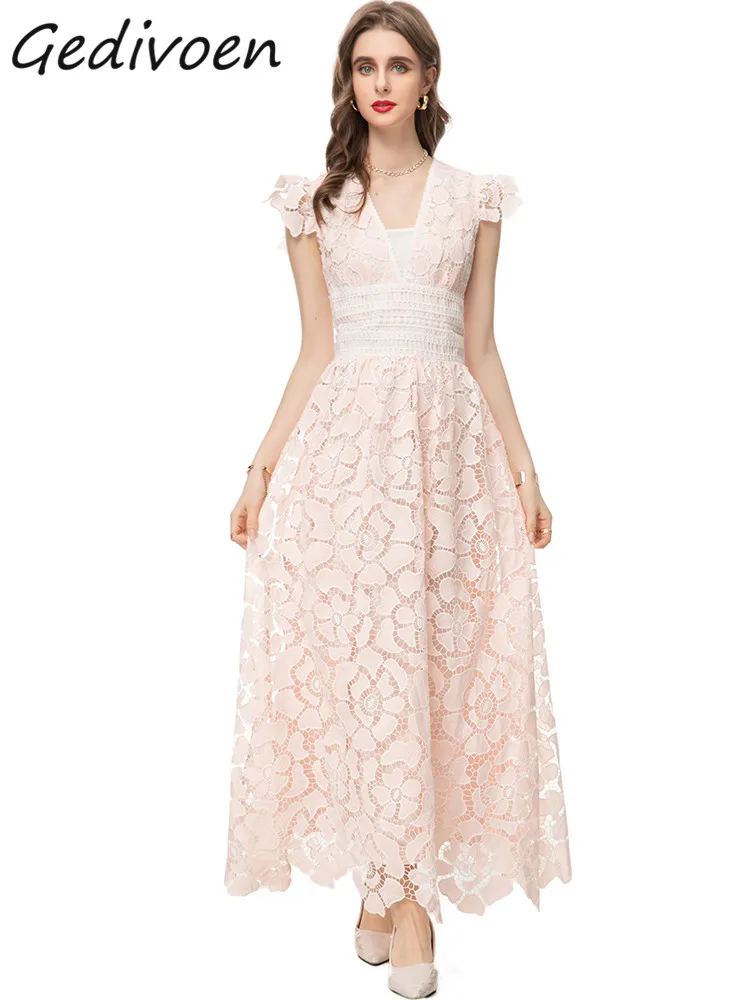 

Gedivoen Spring Fashion Designer Pink Vintage Lace Dress Women's V Neck Hollow Out Embroidery High Elastic Waist Slim Long Dress