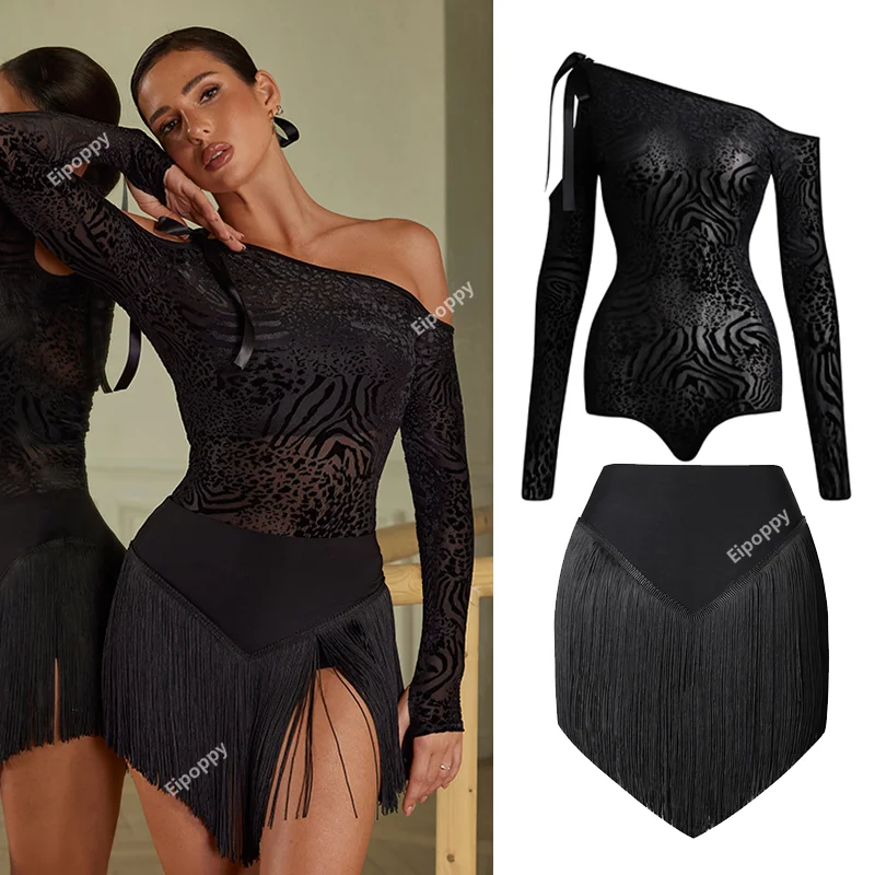 Latin Dance Clothes Women Oblique Shoulder Tops Black Fringe Skirt Long Sleeves Practice Wear Rumba Samba Dance Dress