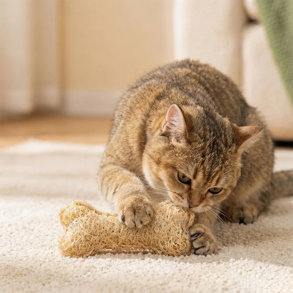 1-3er Pack Natürliche Katzenminze Luffa-Kauspielzeuge Zahnpflege Zahnreinigung Faserstäbchen Anti-Biss Langlebige Katzen- und Kätzchen-Zahnungshilfe – Detail 4
