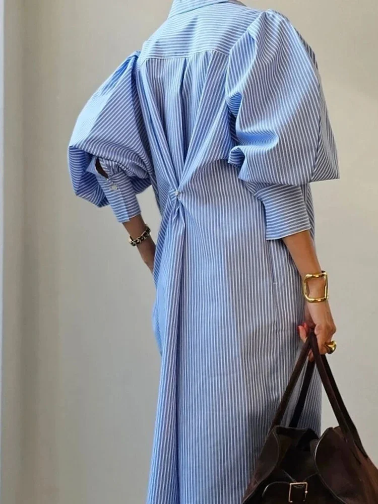 

Korean Style Striped Dress For Women Lapel Lantern Sleeves Single Breasted Irregular Dresses 2025 New Clothing 2Z2052