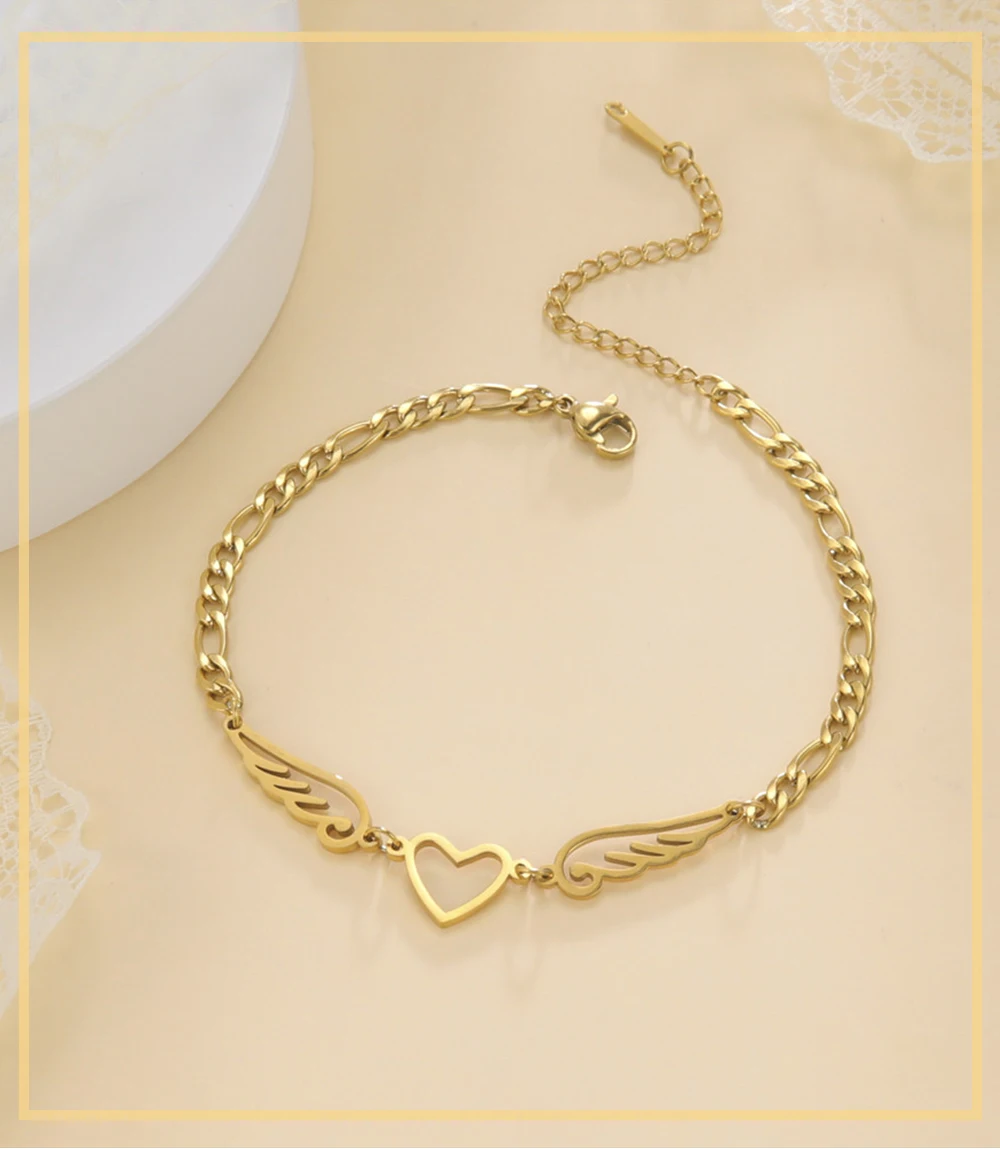 Skyrim Edelstahl-Fußkettchen für Damen mit Herz-Engelsflügel-Anhänger, Figaro-Kette, Fußkettchen, Strand-Accessoire, Geschenk – Detail 3