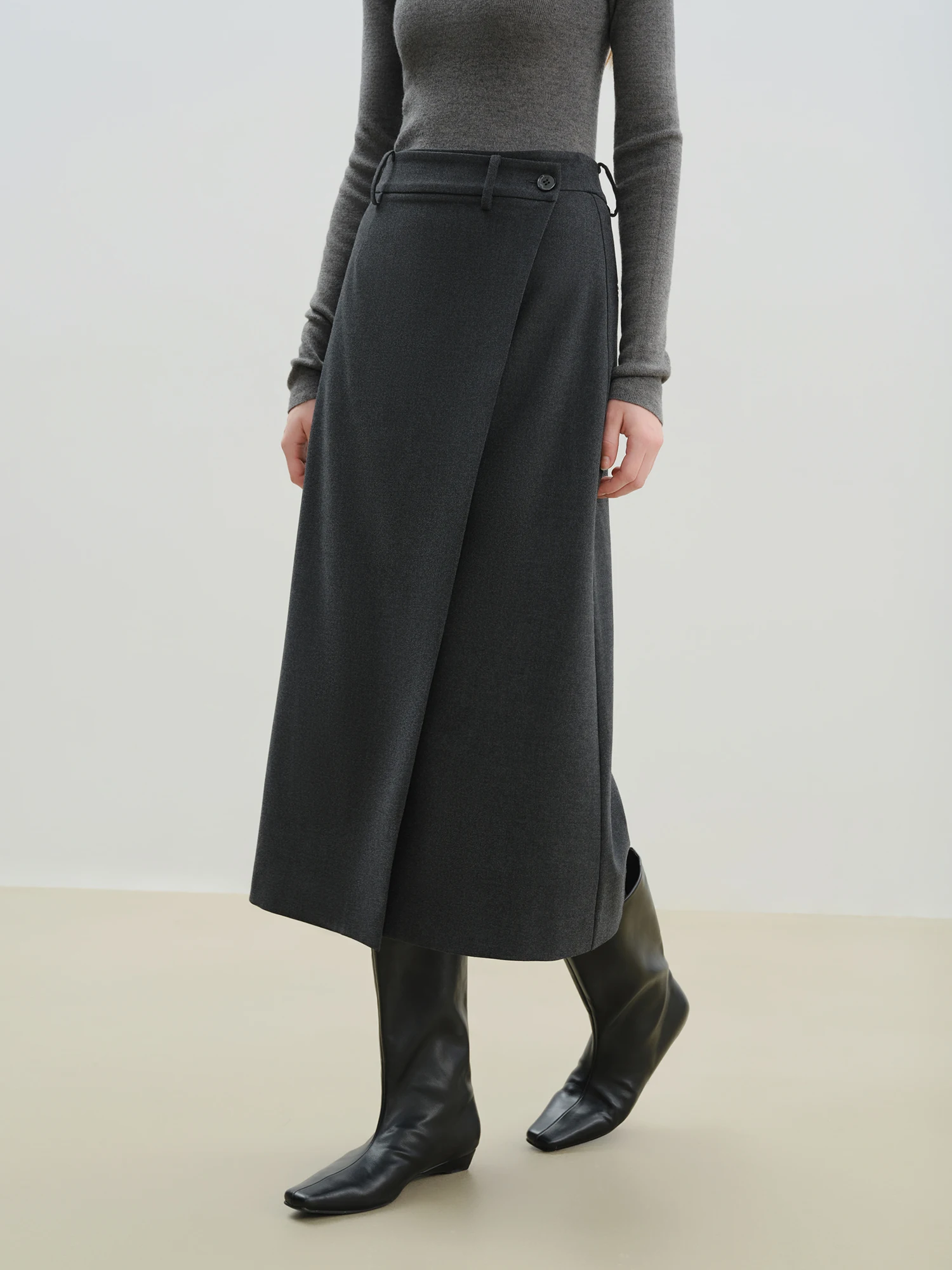 ZIQIAO Petite Women's Asymmetric Wrap Around Panel Mid-Length Chic Skirt 2025 Winter New Arrival Mid Lenghth Skirts Small Sizes