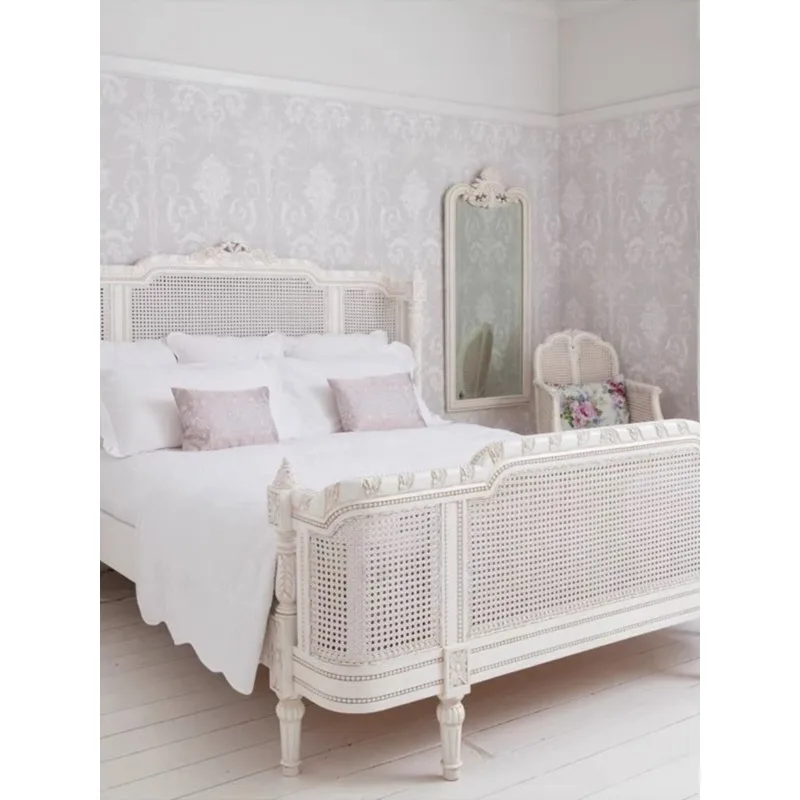 

Rattan solid wood carving flower white old retro high back princess 1.81.5 double bed American master bedroom wedding bed