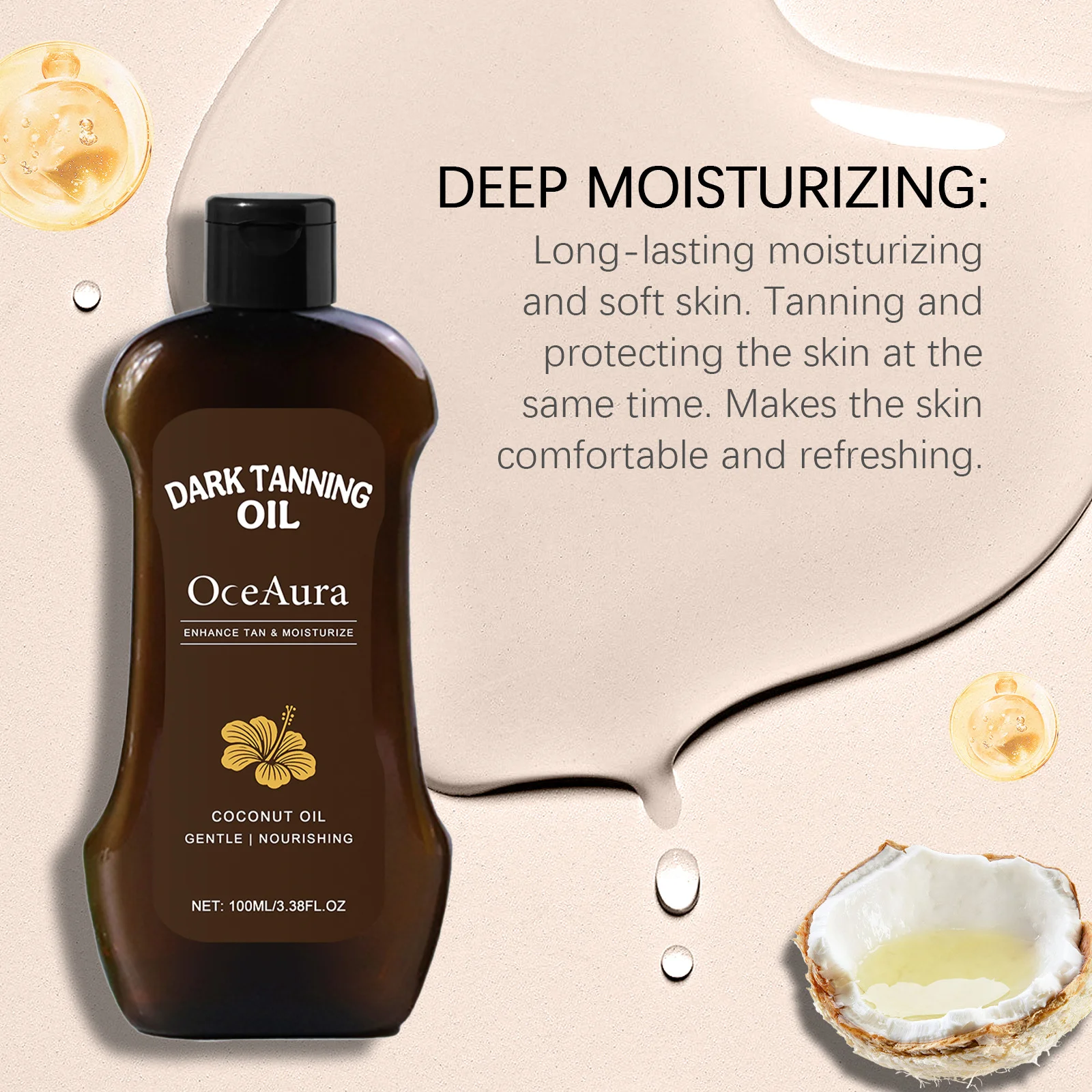 Coconut Tanning Oil Deep Bronze Natural Glow Long-Lasting Tanning Waterproof Moisturizing Smooth Beach Outdoor Self-Tanning Oil