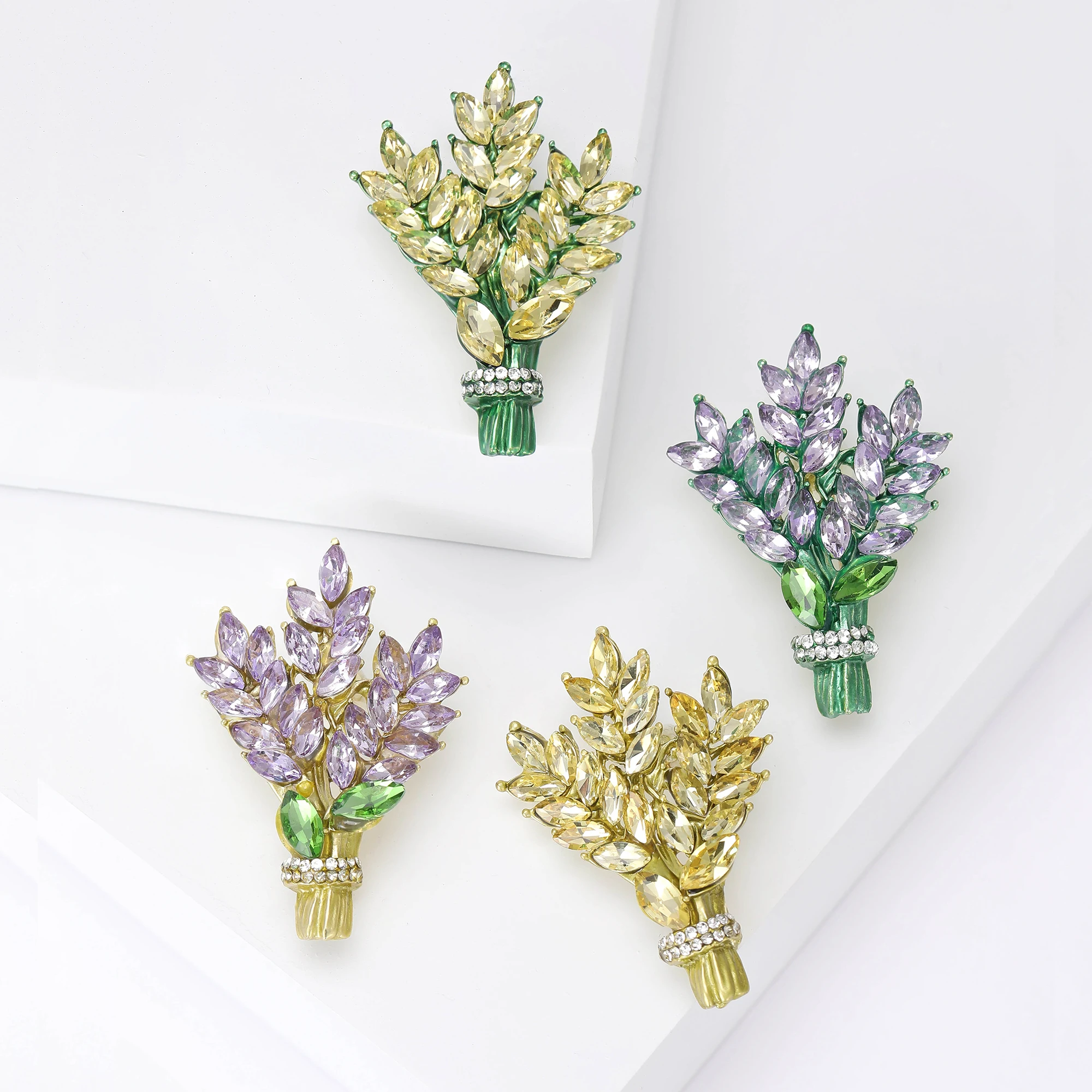 Rhinestone Lavender Brooches for Women 3-color Enamel Bouquet Pins Office Party Friend Gifts Accessories