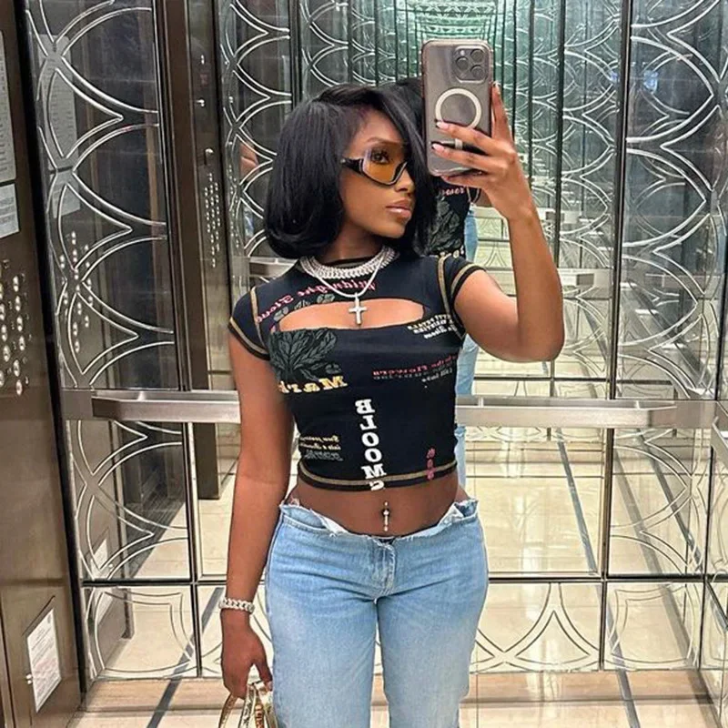 Aushöhlen Crop Top Frauen Sommer Ästhetische Kleidung Druck Y2k Zubehör Oansatz Ropa De Mujer Sexy Roupas Femininas Estilosas – Detail 7