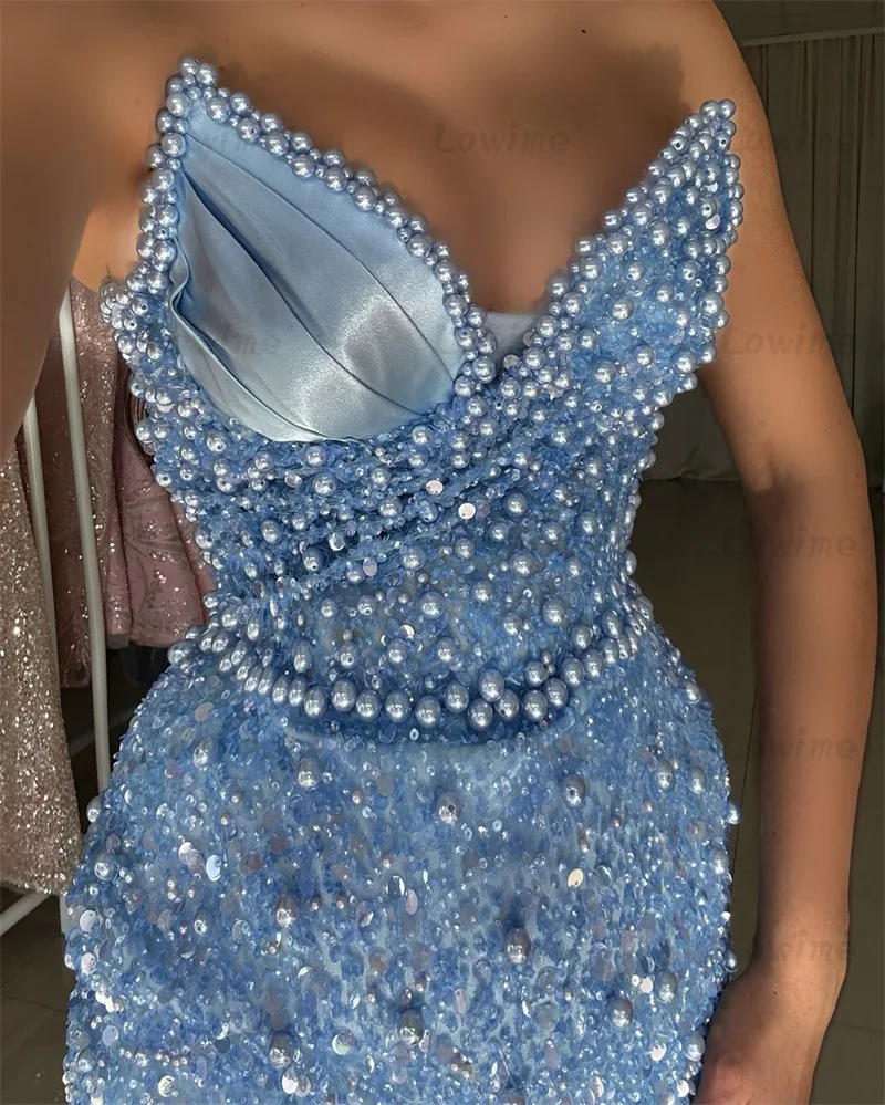 Arabic Aso Ebi Blue Prom Dress 2024 Customize Pearls Beaded Sequins Formal Evening Gowns Women Birthday Engagement Wedding Dress