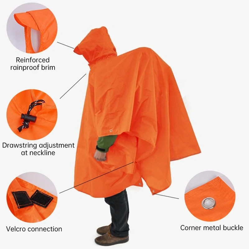 3 In 1 Waterproof Raincoat Lightweight Outdoor Hiking Rain Poncho Rain Jacket Cover Sun Shelter Camping Hiking Cycling Climbing