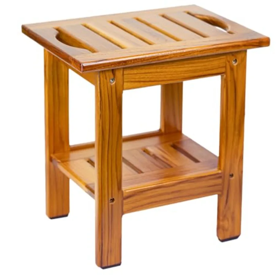 

Teak Shower Stool Compact Shower Bench with Shelf and Handle Feet Rest for Shaving Legs 2-Tier Wooden Bath Seat with Non-Slip F