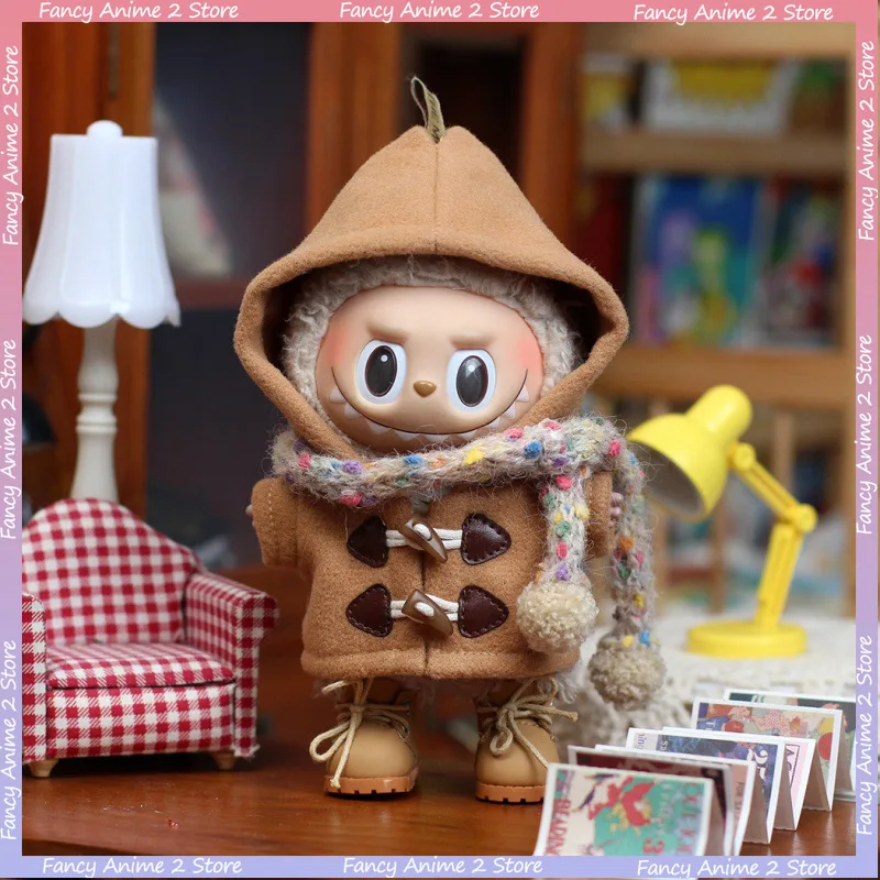 

For 15-17cm Labubu Doll Winter Style Wool Coat Scarf and Moccasins Clothing Outfits Mini Plush Doll Fashion Accessories Toy Gift
