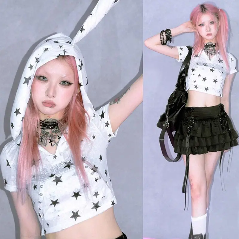 

Stars printed rabbit ears hoodie top female 2025 summer new hot girls slim short top female trend