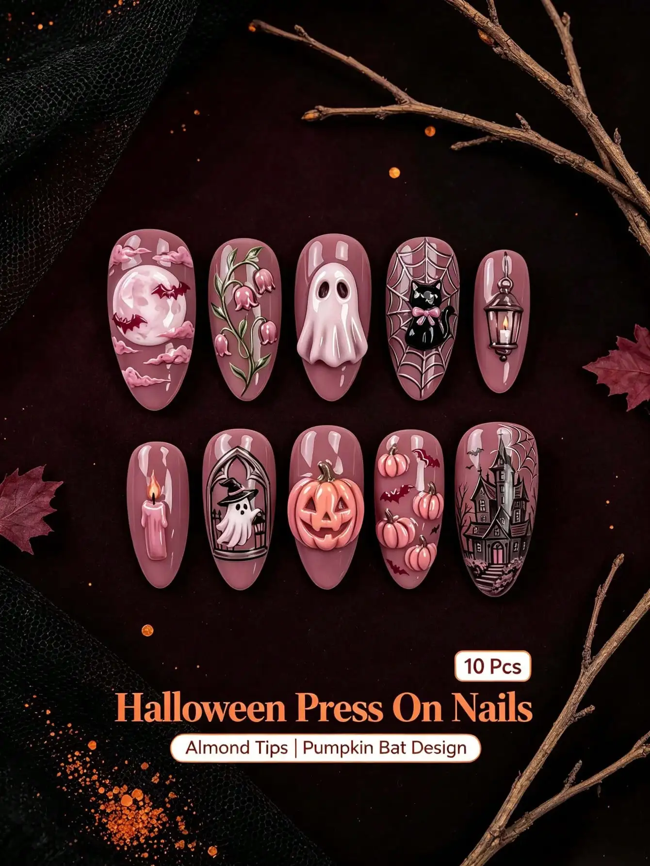 10pcs Handmade Acrylic Press On Nails Long Almond Sweet Spooky Halloween 3D Ghost Pumpkin Bat Spider Web Design Artificial Nail Tips Reusable Stick On Nails For Women Girls Daily Wear Party Cosplay DIY Manicure