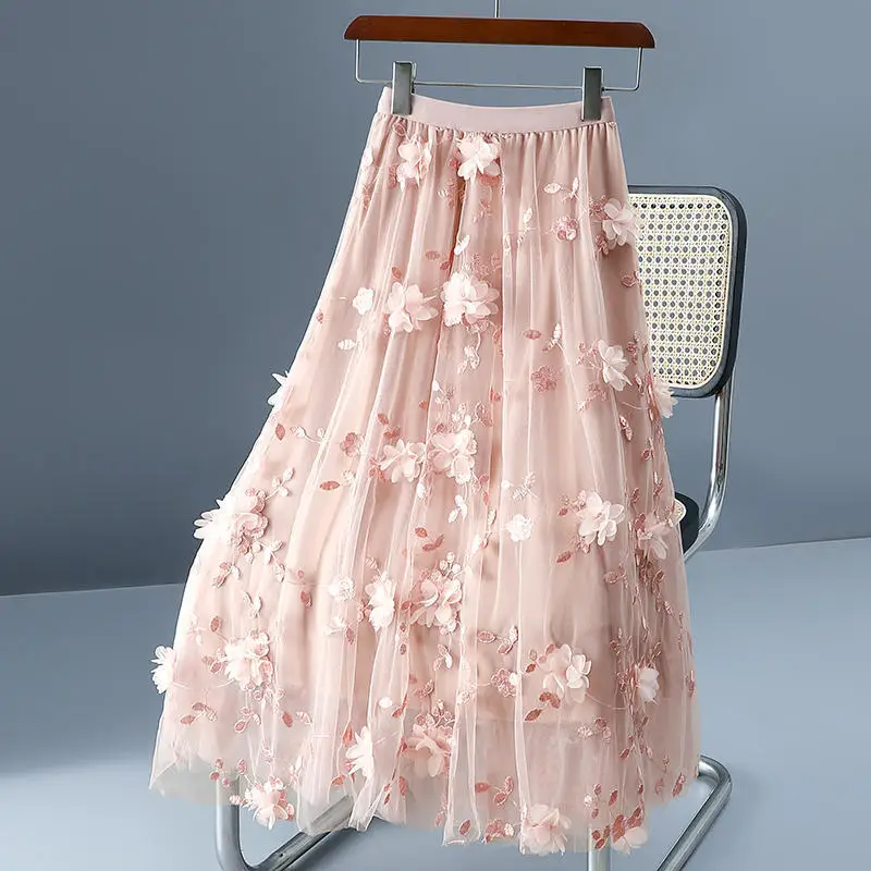 

Double-layer Mesh Large Swing Three-dimensional Flower Skirt Mid-length Gauze Skirt 2024 New High Waist Slim Women's Long Skirt