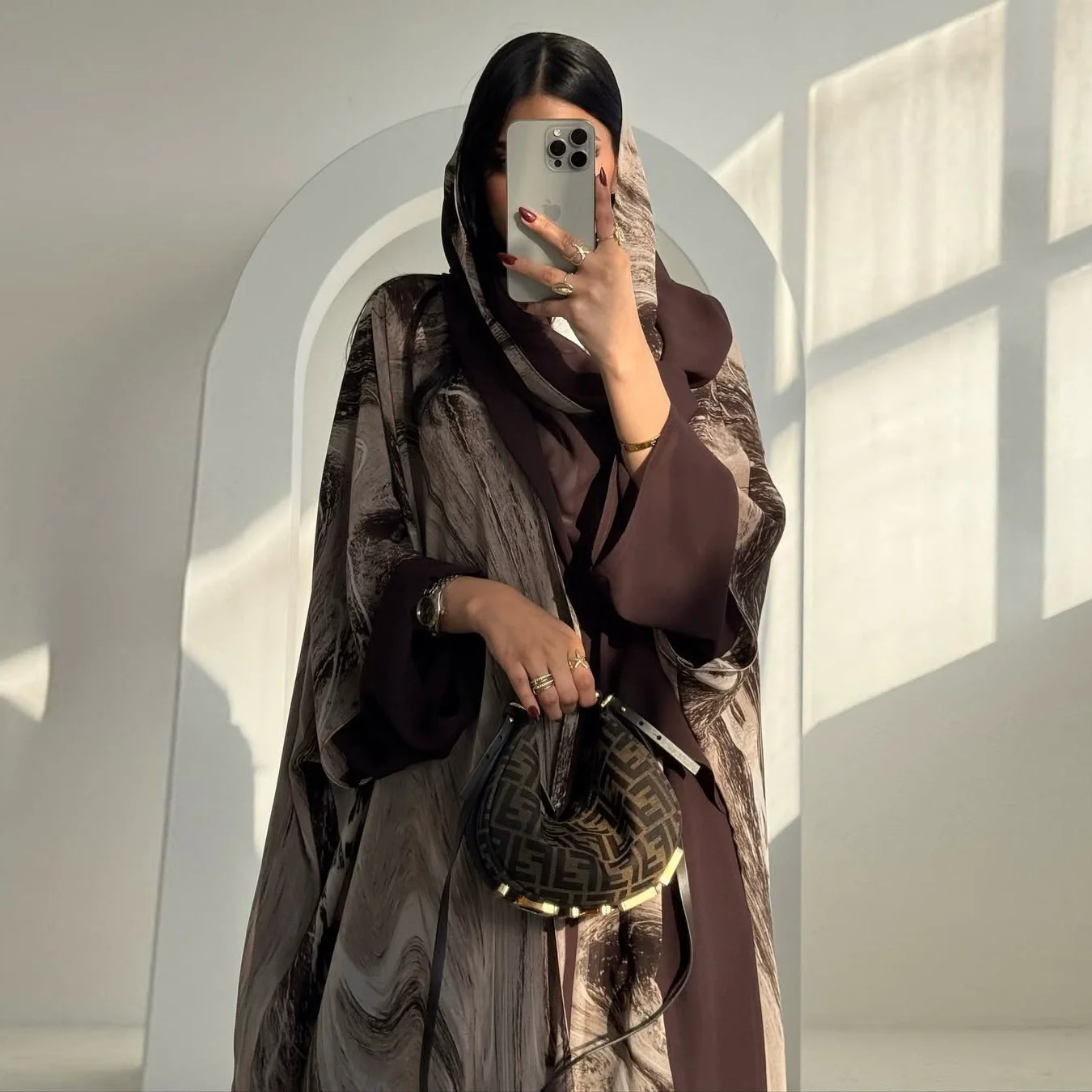 Jaqueta cardigã abaya estampada marrom com capuz islâmico, robe casual elegante com capuz, robe dubai feminino muçulmano