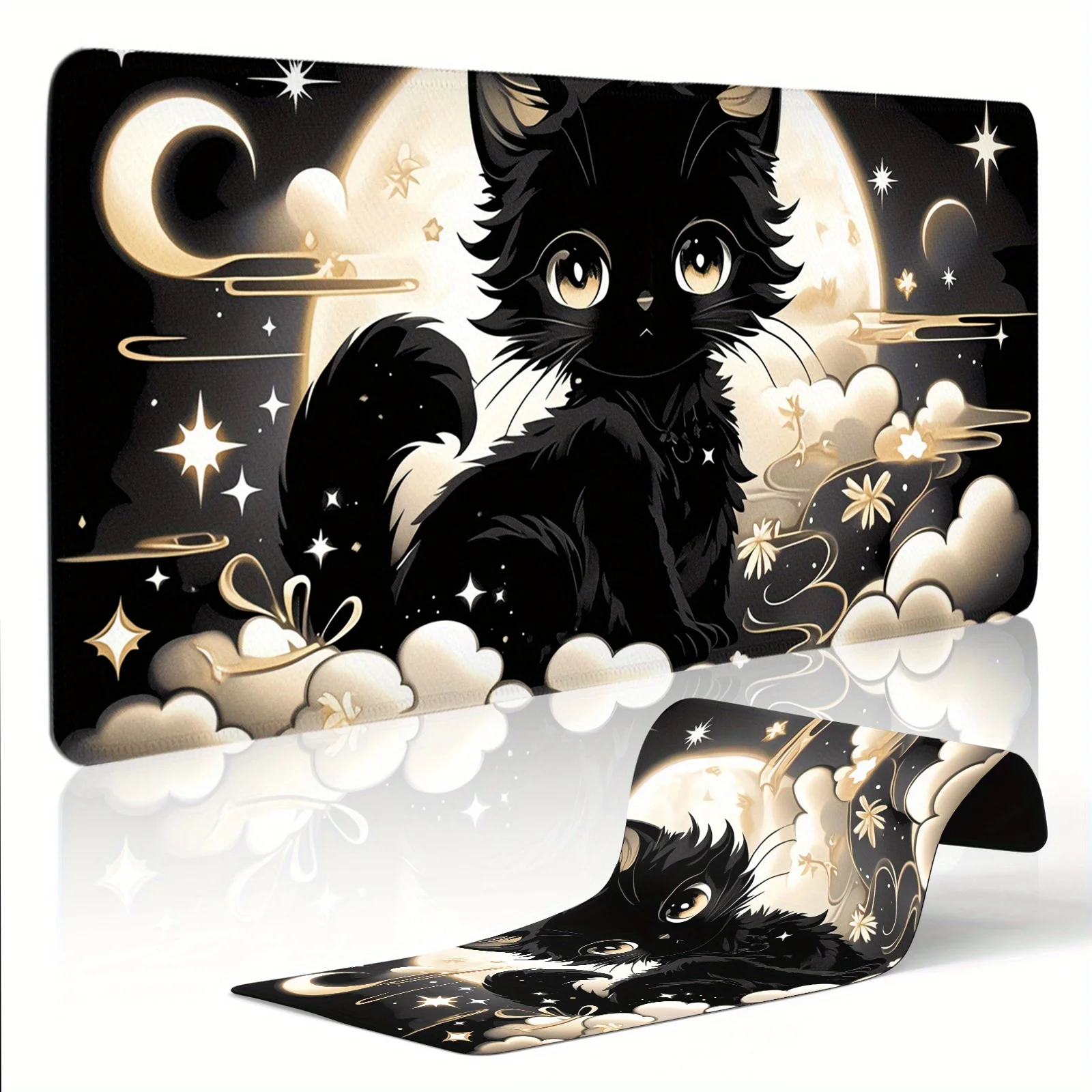 

Коврик для мыши с изображением луны и кота, большой настольный коврик с прошитыми краями, резиновая противоскользящая основа, аксессуары для ПК, игровые коврики, коврик для клавиатуры