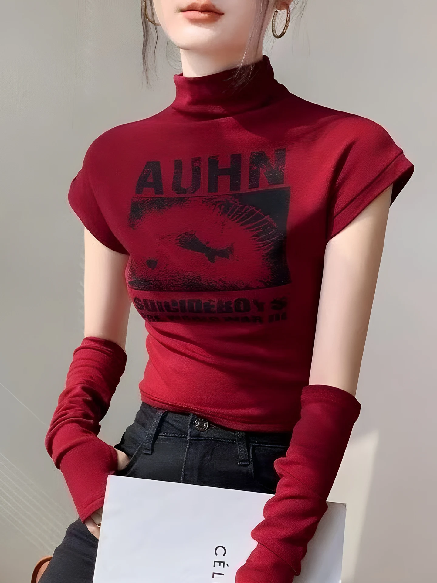 Red Jazz Dance Top Women's Slim Fit Street Style T-shirt for Music Festival Kpop Performance Autumn New Arrival Casual Wear