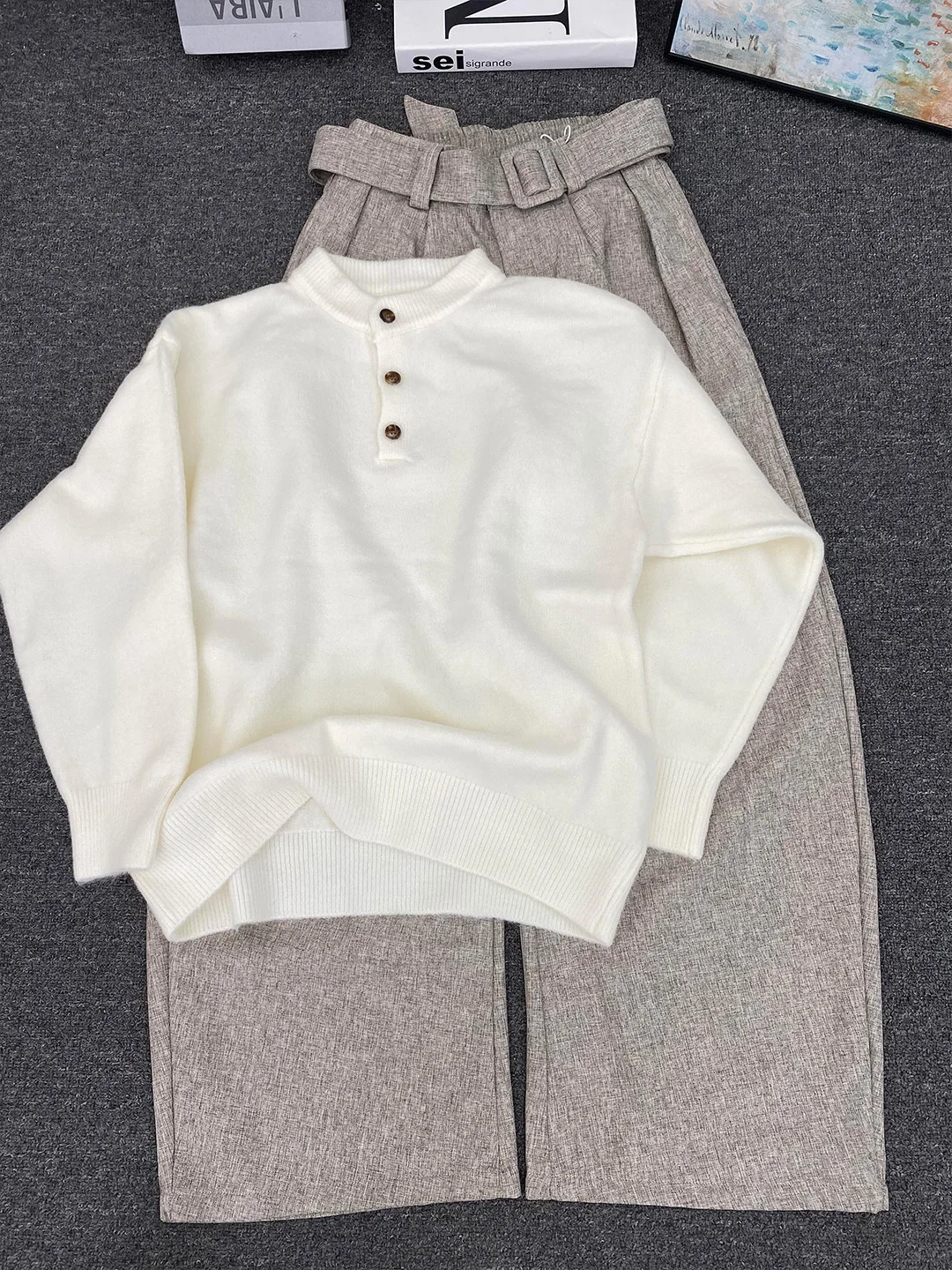 

Men's Knitted Henry Collar Sweater Beige Lazy Sle Base Layer irt American Retro Heavyweight Sweatirt Cleanfit Sle