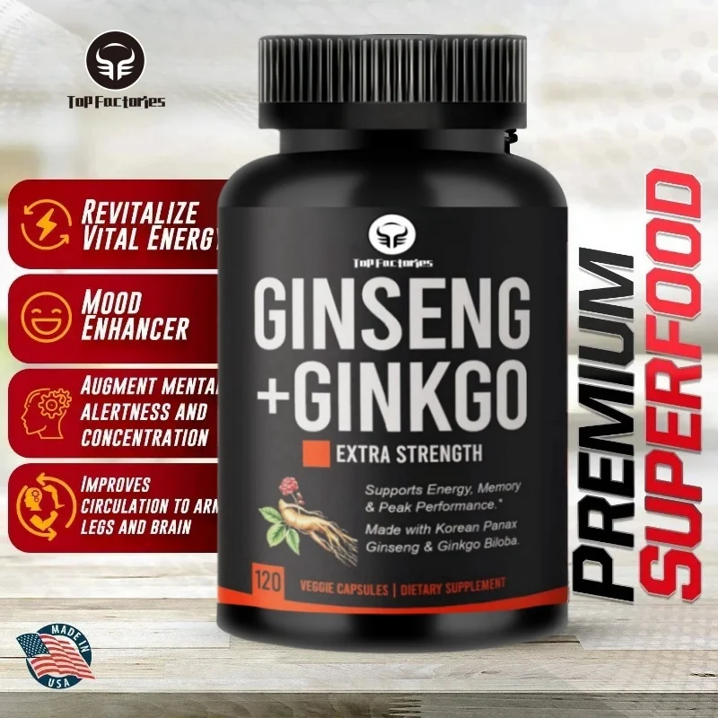 Panax-Ginseng et Ginkgo Biloba Complexe Capsules, avec Extrait de Ginseng Rouge Coréen, Boost du Cerveau et Support de Mémoire, Vegan, 120 Capsules