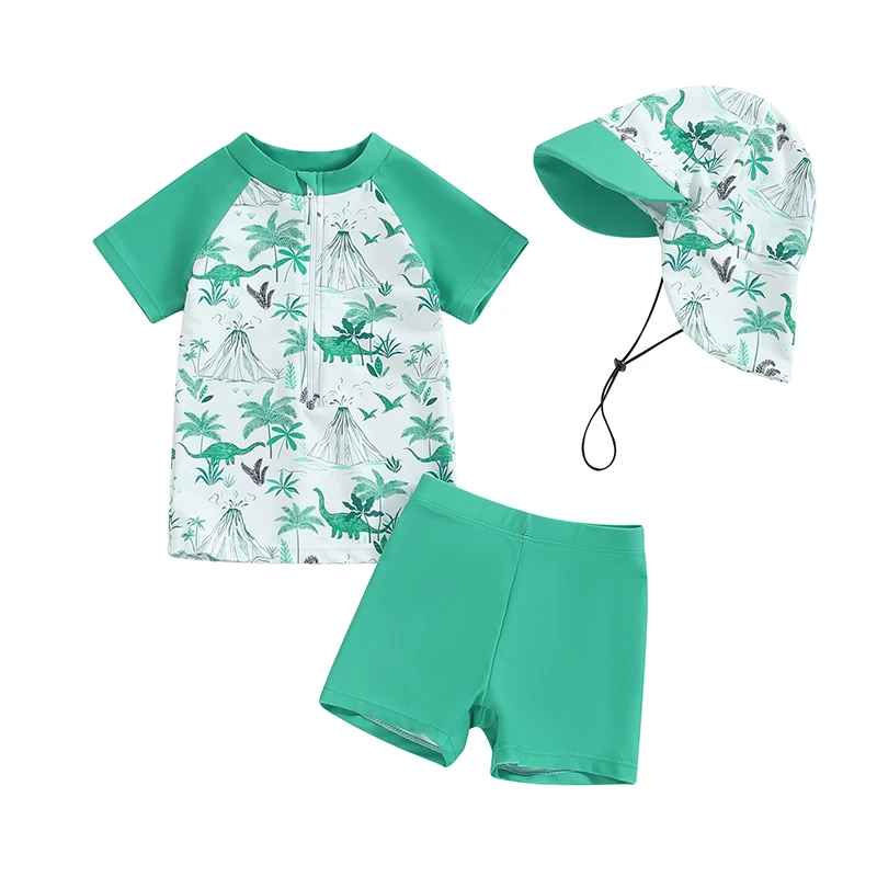 Boys Rash Guard Set 3 Piece Swimsuit Suit Palm Tree Dinosaur Print Short Sleeve Tops Swim Trunks Swim Cap Bathing Suit