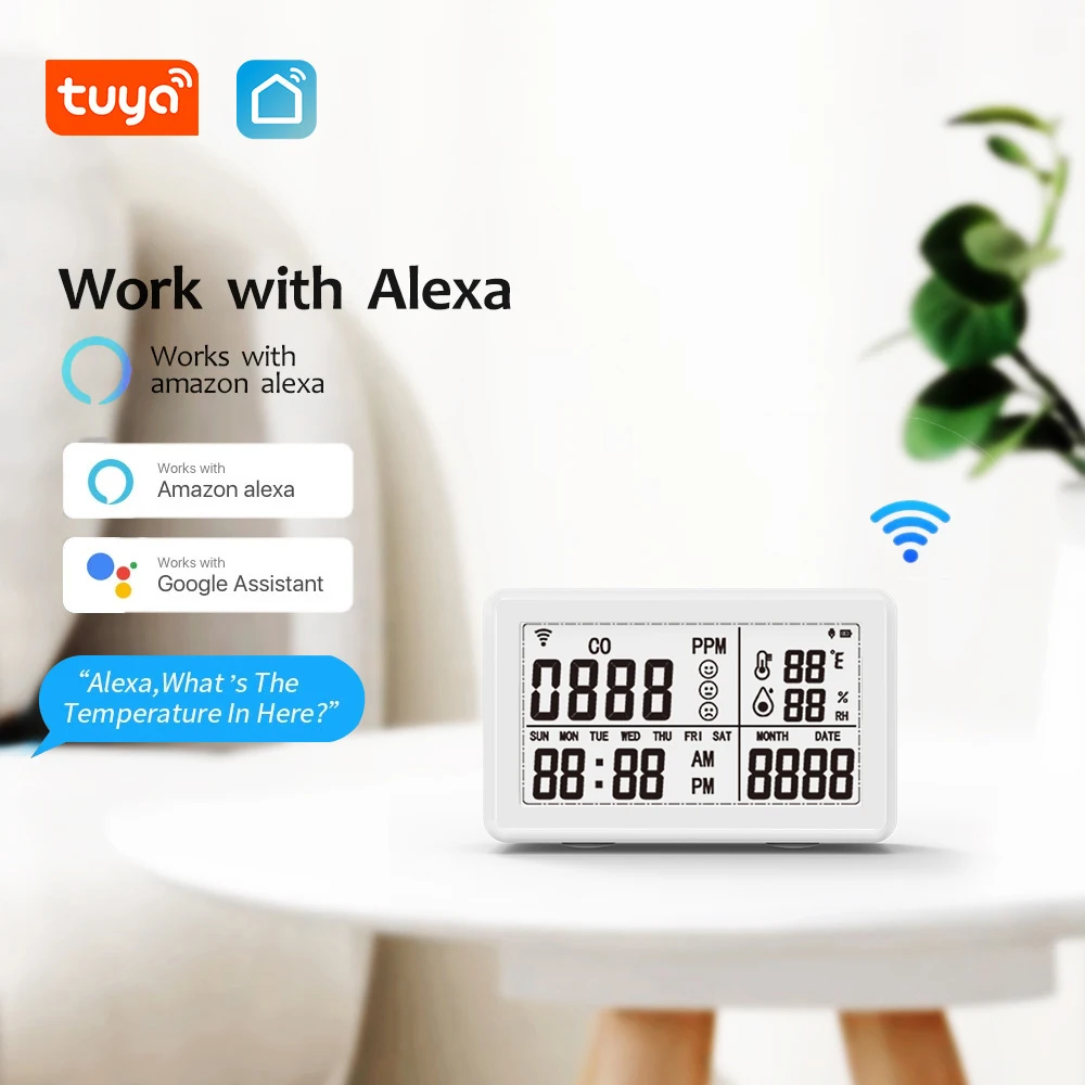 Tuya WiFi 4in1 CO Meter Carbon Monoxide Detector Temperature and Humidity Tester Household Air Quality Monitor Hygrothermograph