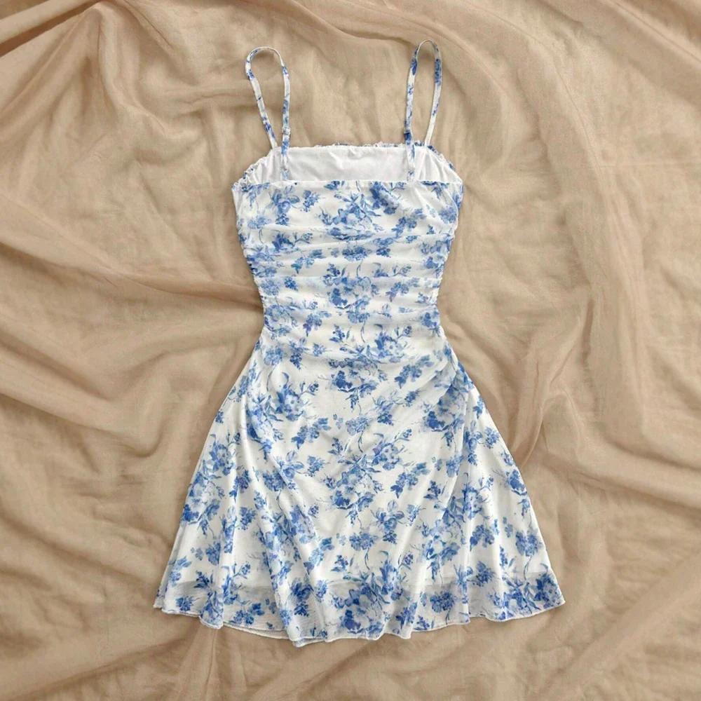 CPSYMYM Abiti estivi casual con stampa floreale senza maniche con scollo quadrato pieghe mini abiti cami giornalieri per le donne