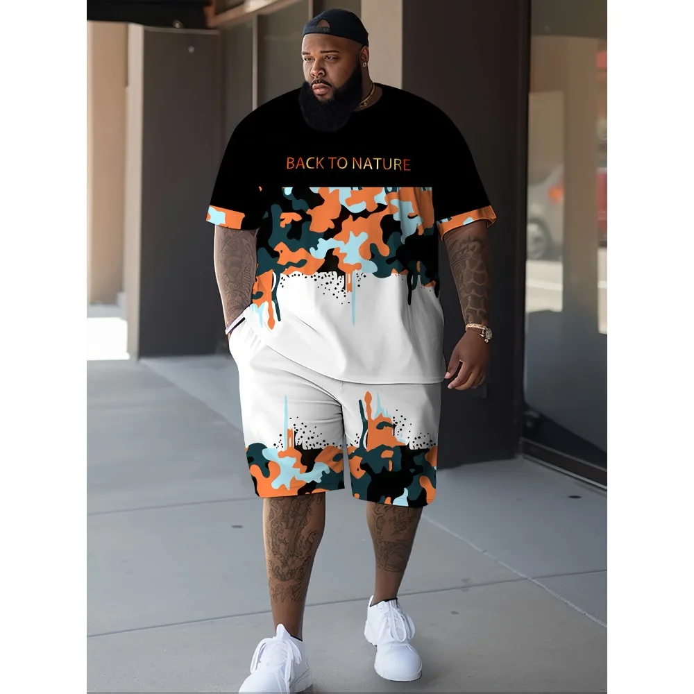 カラーグラフィプリントTシャツショーツ2点セット　トレンドストリートメンズ服　2025夏　プラスサイズゆったりメンズ半袖Tシャツ